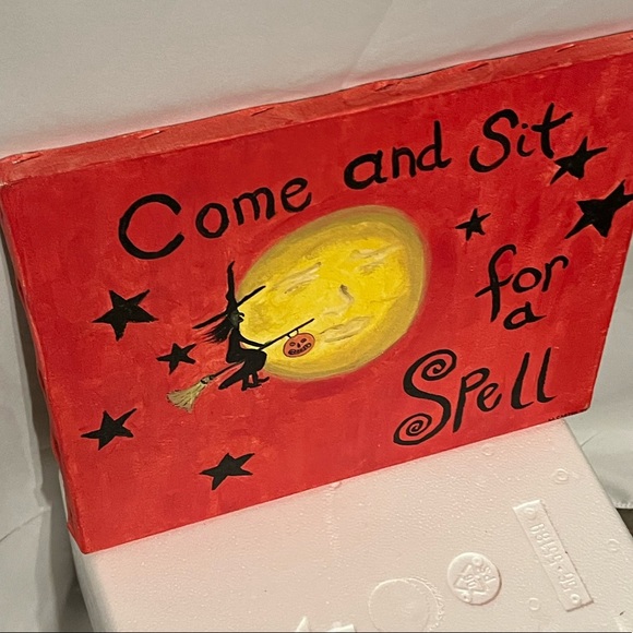 Halloween Witch Moon Folk Art Original Signed 2004 Painting Artist signed - Picture 9 of 13